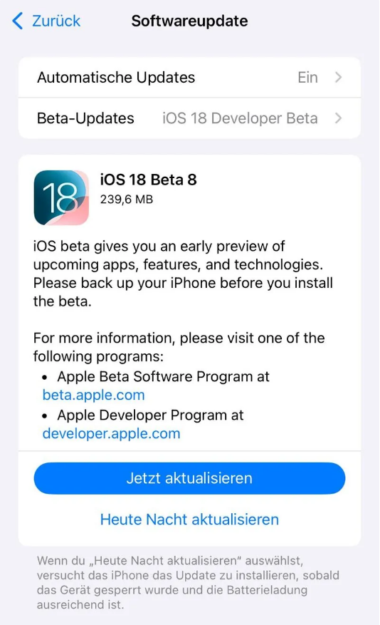 碌曲苹果手机维修分享苹果 iOS / iPadOS 18 开发者预览版 Beta 8 发布 